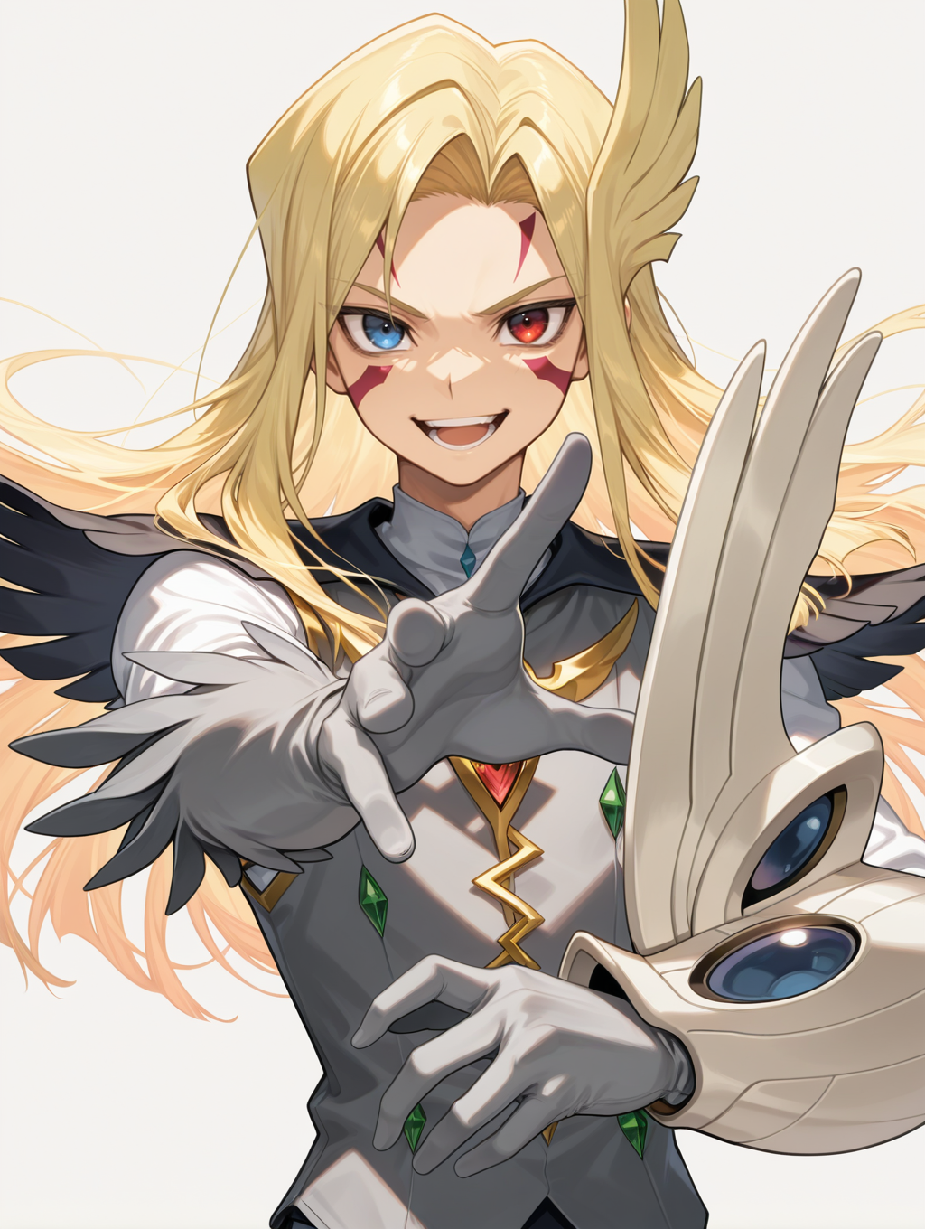 mizael,1boy,male focus,solo,heterochromia,duel disk,grey gloves,grey vest,outstretched hand,facial tattoo,open mouth,smile,looking at viewer,upper body,simple background,white background,teeth,
masterpiece,best quality,amazing quality,very aesthetic,absurdres,newest,<lora:Galaxy-Eyes Tachyon Dragon illuXL v1:0.82>,