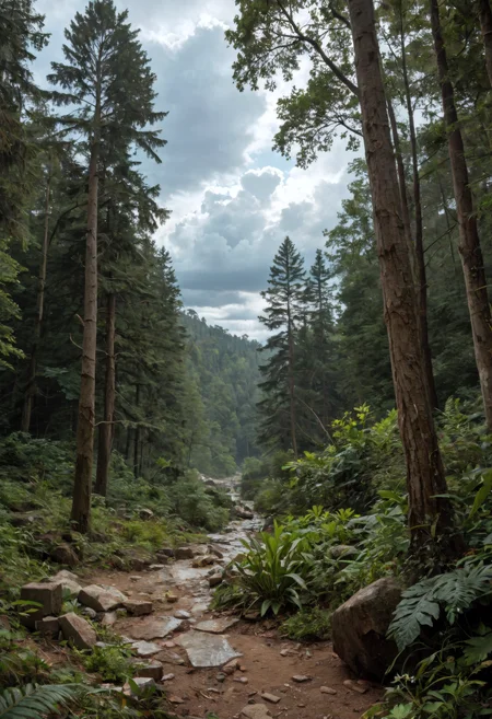 score_9, score_8_up, score_7_up, (masterpiece, best quality, ultra-detailed, realistic), rainforest in a cloudy day, concrete obelisk in the center
