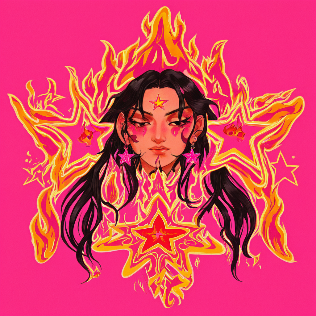 1girl, sm0k, earrings, star (symbol), upper body, flames, ornaments, simple background, pink, eyes open, long dark hair