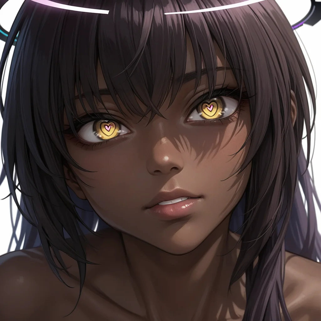 source_anime, score_9,score_8_up, score_7_up,score_6_up, (karin\(blue archive\):0.9), anime style,eyedetailxl, bettereyes, detailed_eyes, Eye Level, extreme_close-up, BREAK, 1woman, Karin, dark-skinned_female, brown skin, (yellow eyes), (heart-shaped_pupils), symbol-shaped_pupils, halo,