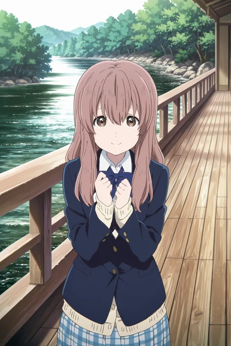 anime screencap, anime coloring, detailed face, perfect fingers, masterpiece, best quality, very aesthetic, absurdres, volumetric lighting,
outside, day, river, wooden deck,
 <lora:Shoko_Nishimiya_A_Silent_VoiceKoe_no_Katachi:1>
Shouko school uniform, Shouko Nishimiya (character), 1girl, brown hair, solo, brown eyes, school uniform, long hair, bow, skirt, plaid, plaid skirt, blue bow, jacket, cute smile, looking at the viewer, blue blazer