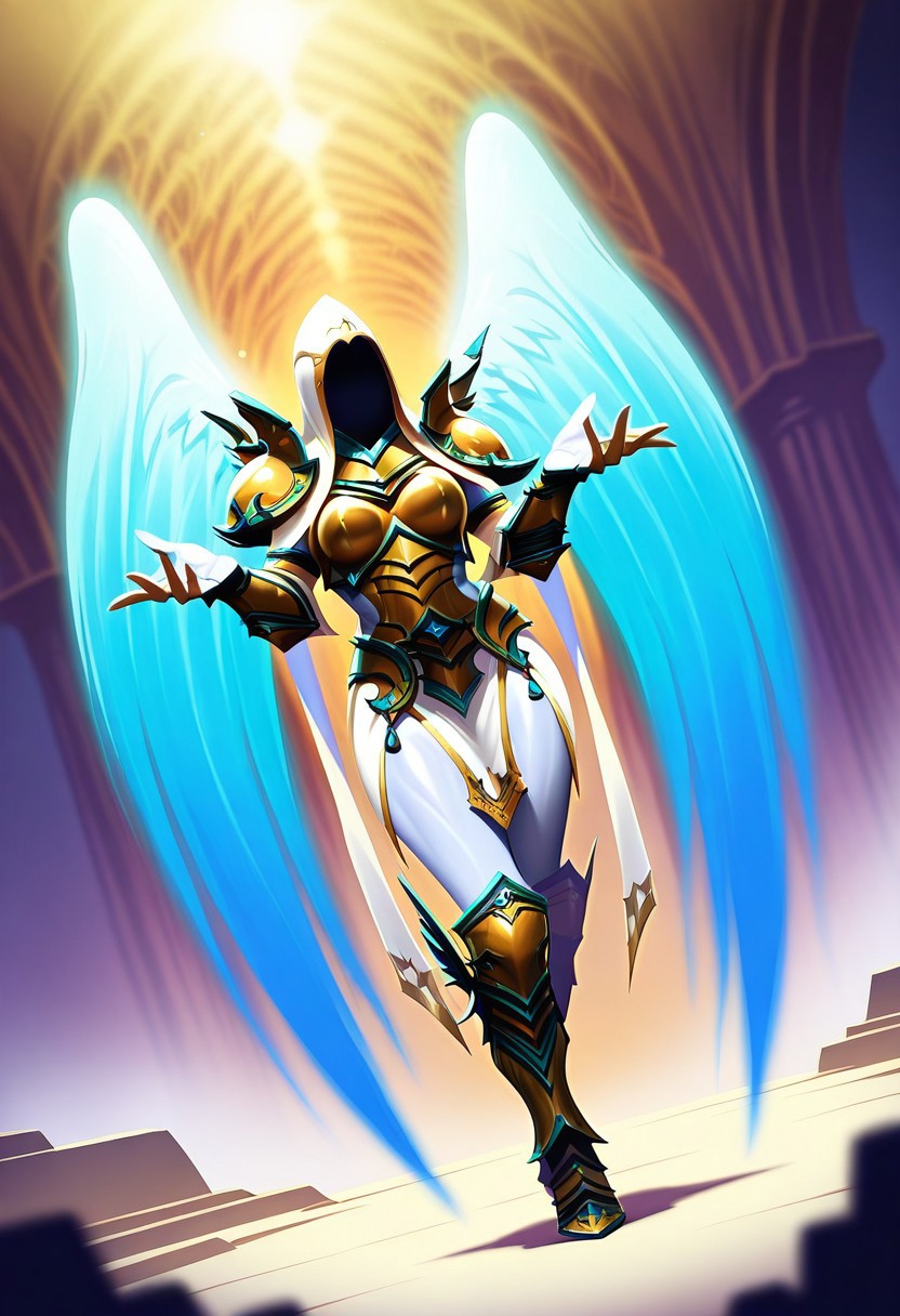 AurielHotS, 1girl, solo, angel, faceless girl, white hood, hood up, golden armor, shoulder armor, blue wings, glowing wings, large breast, breastplate, full armor, bracers, gauntlets, white pelvic curtain, armored boots, high heels, colored skin, armor ornament, white ribbons,
,seductive pose, sexy pose, tease, detailed background, very aesthetic, newest, scenery, highres, 4k, absurdres, 8k, colorful,vibrant, glowing, 2d, masterpiece, best quality, ultra-detailed, very aesthetic, newest, scenery, absurdres, perfect anatomy, mature body, athletic, curvy body, athletic girl, perky tits, perfect tits, round breasts, pinup pose, teasing, lustful expression,
muscular female, dutch angle, 
,Smooth Negative, highres, absurdres, uncensored , vibrant saturated colors, volumetric lighting,wide depth of field, sharp, ray tracing, 
d1style,fantasy