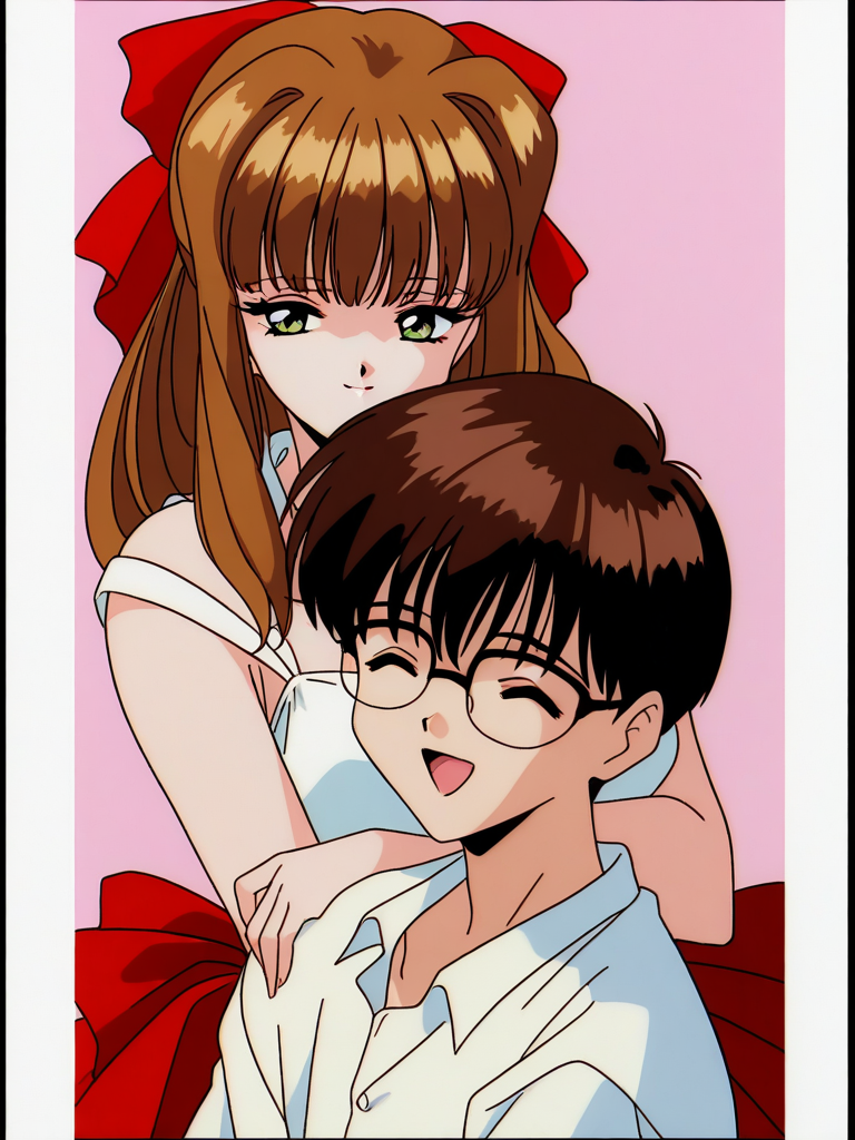 general,highres, ultra-detailed,very aesthetic,best quality ,best hands,  BREAK <lora:Imouto_SG_IS:1> Imouto_SG, brown hair, long hair, hair bow, green eyes, red bow, bangs, breasts,
 1girl, 1boy, glasses, closed eyes, short hair, smile, retro artstyle, pillarboxed, open mouth