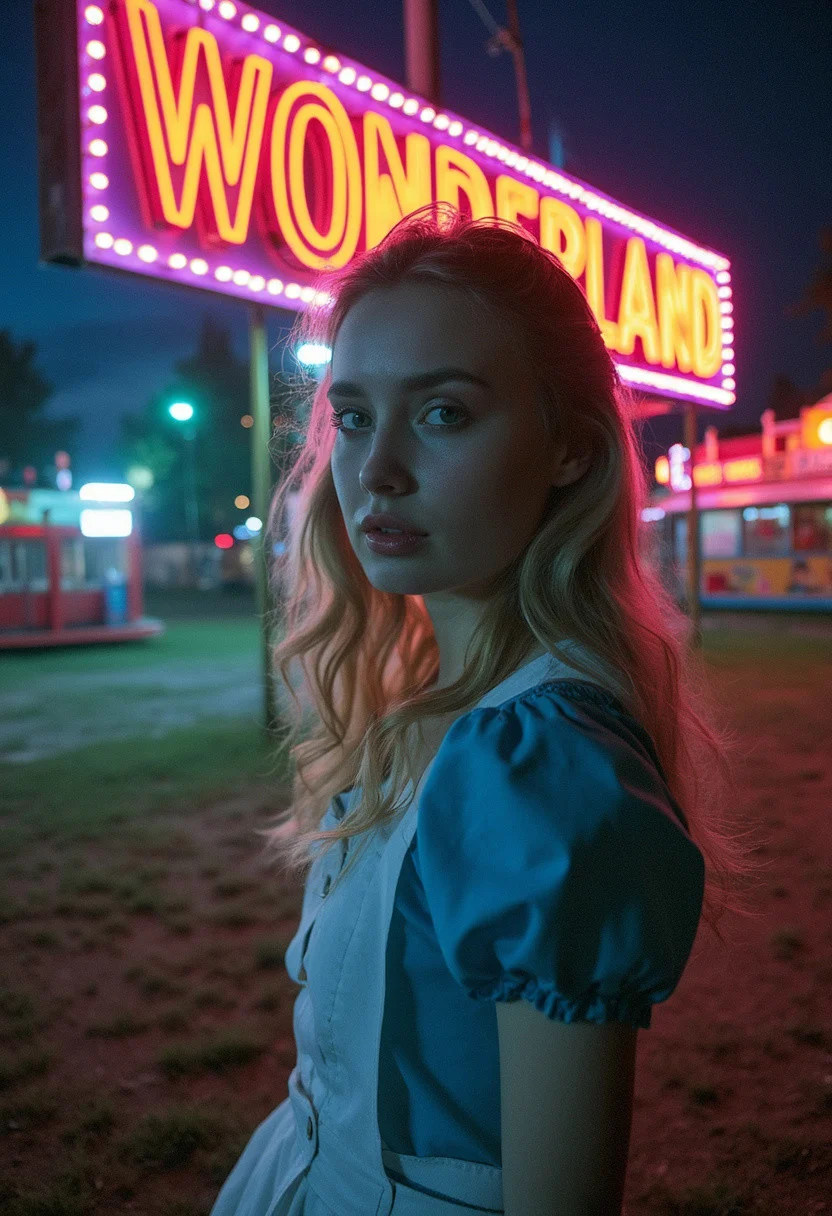 photo of Alice in Wonderland, an 18 year old woman in a defunct and derelict amusement park, a neon sign that reads "WONDERLAND"