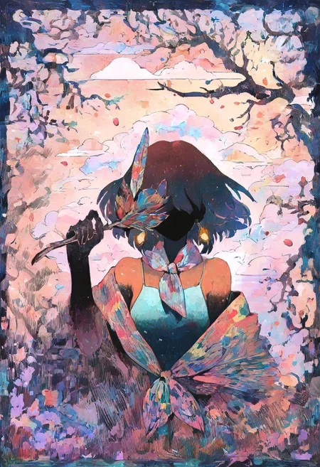 masterpiece, newest,absurdres,very awa, solo, 1girl, holding feather, feather covering face, one eye covered,, pattern neckerchief, earrings, camisole, jacquard, , intricate detail, iridescent, glowing,, BREAK (blending:1.2), detailed background, branches, fractal, abstract background, petals, bare tree, cloud background, light particles