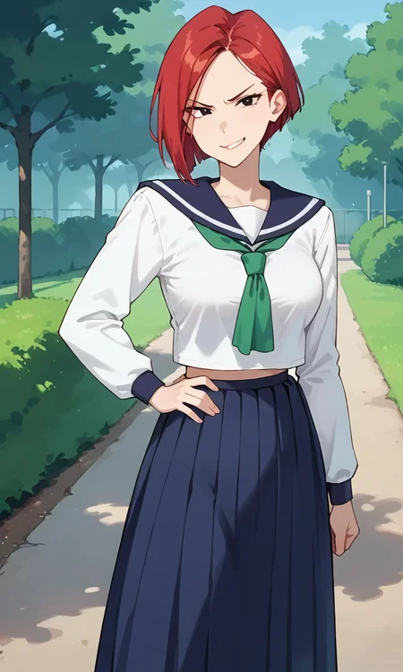 (1girl:1.5), (solo:1.3), (score_9, score_8_up, score_7_up, score_6_up, score_5_up, score_4_up), (source_anime), rating_questionable, looking at viewer, (cowboy shot:1.3), outdoors, park,
<lora:black-lizard_v2:0.8> (black-lizard), (smirk:1.5), (black eyes, eyelashes, red hair, short hair, parted bangs, lips), (school uniform, serafuku, white shirt, long sleeves, blue sailor collar, blue long skirt, green neckerchief), (large breasts),
angry, standing, legs apart, hand on own hip
