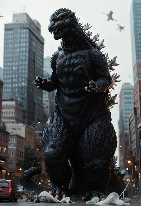 Score_9, score_8_up, score_7_up, score_6_up, zPDXL3, wide shot, monster focus, BREAK, realistic,hyperrealism,ornate,studio photograph, skinny Godzilla kaijuu,gigantic monster, model_buildinga, model_kit_(medium), city skyline, plastic buildings, forced perspective, blurry background, building, outdoors,