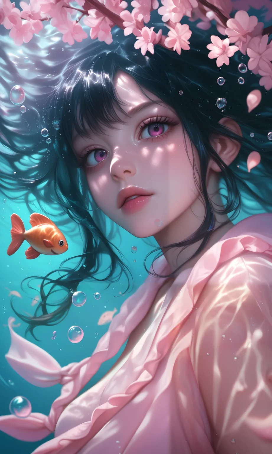 score_9, score_8_up, score_7_up, score_6_up, NEOST, 1girl, long black hair, bangs, dark eyes, glossy lips, water drops on face, underwater, surrounded by koi fish, cherry blossom branches, pink and purple lighting, detailed, serene expression, looking at the viewer, bubbles in water, dreamy atmosphere, detailed