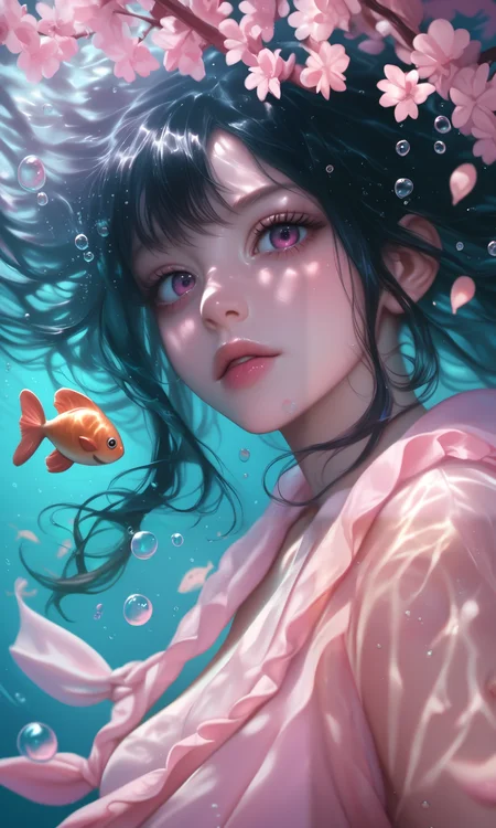 score_9, score_8_up, score_7_up, score_6_up, NEOST, 1girl, long black hair, bangs, dark eyes, glossy lips, water drops on face, underwater, surrounded by koi fish, cherry blossom branches, pink and purple lighting, detailed, serene expression, looking at the viewer, bubbles in water, dreamy atmosphere, detailed