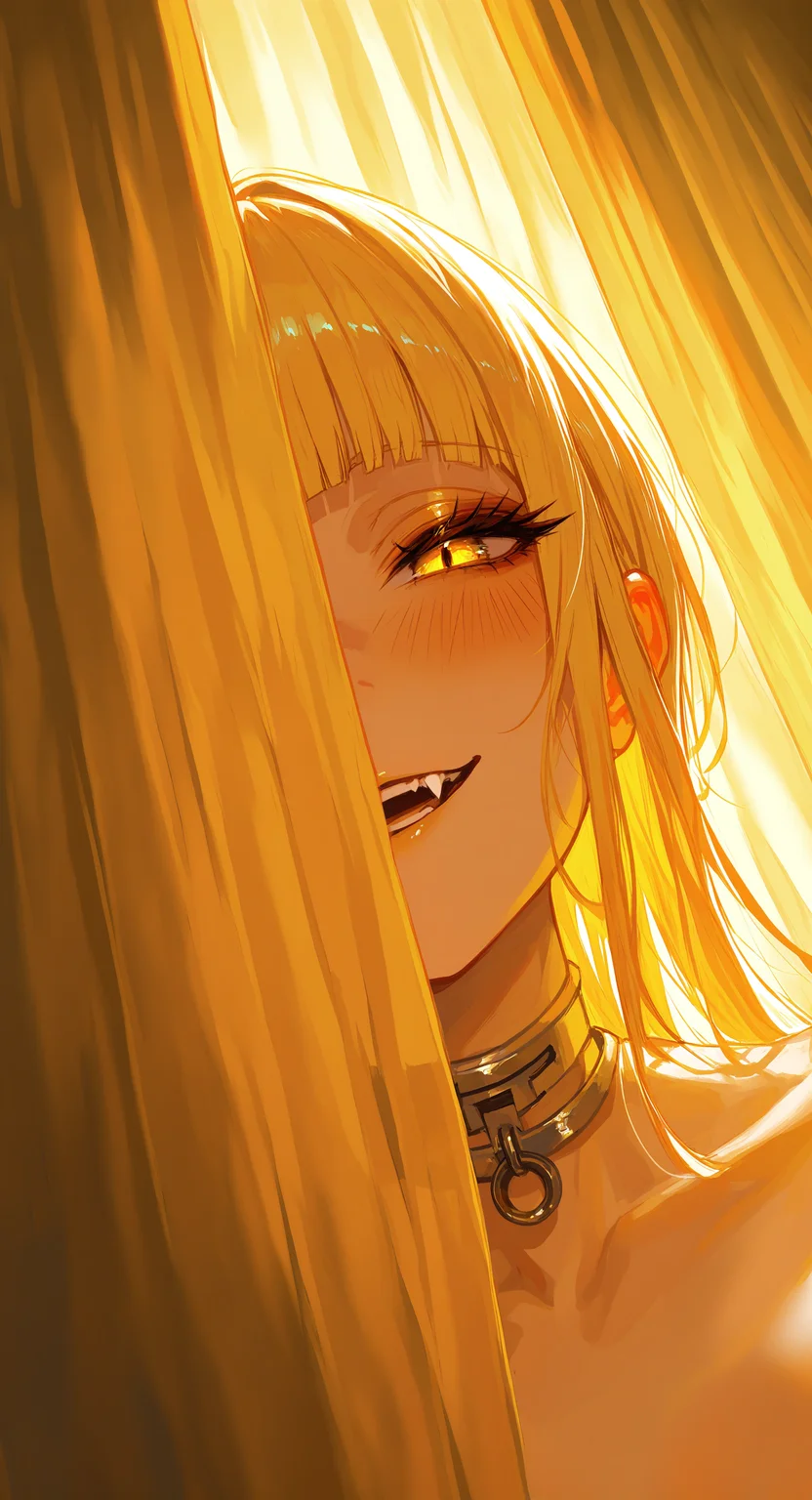 masterpiece, best quality, good quality, very aesthetic, absurdres, newest, 1girl, solo, long hair, looking at viewer, blush, Seductive smile, blonde hair, collarbone, yellow eyes, Metal Wire choker, blunt bangs, eyelashes, fangs, portrait, (curtains), one eye covered, yellow theme, orange theme, Curtain covering one eye, Dutch Angle, <lora:ponyv5_noobV065S_1_adamW-000013:0.7> <lora:USNR_STYLE_XL_lokr:0.45> <lora:GBF_Illustrious:0.3>