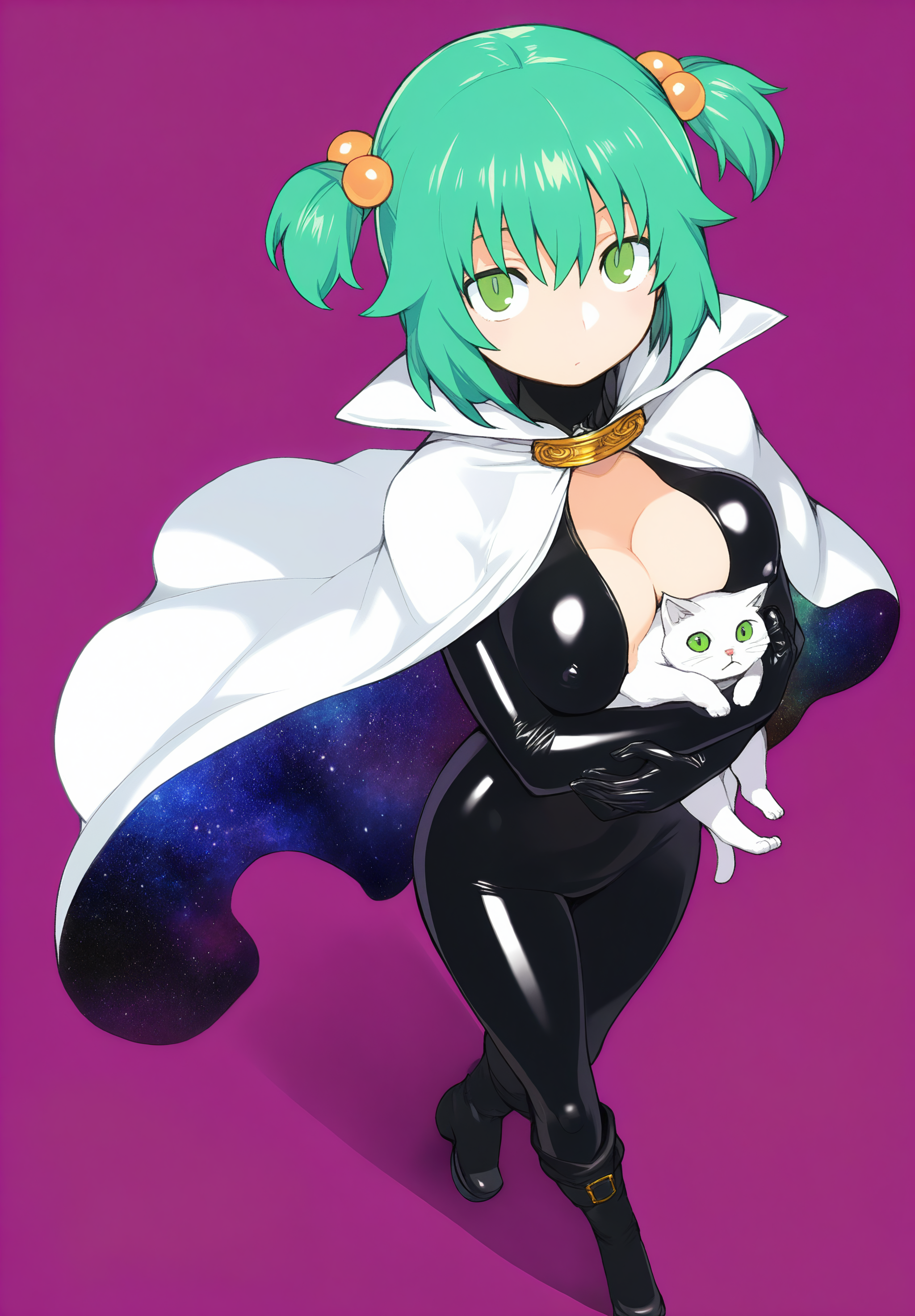 masterpiece,absurdres,best quality,high quality,<lora:Cool Rance V4 Vpred Noob:1>,<lora:Cool Rance V4 Vpred Noob save-7:1>,1girl,full body,from above,dynamic_angle,foreshortening,walking,space cape,space shadow,latex bodysuit,holding cat,expressionless,green hair,green eyes,short hair,hair bobbles,jewelry,long boots,cleavage,large breasts,looking at viewer,simple background,purple background,covered nipples,power clenched hand,breast press,