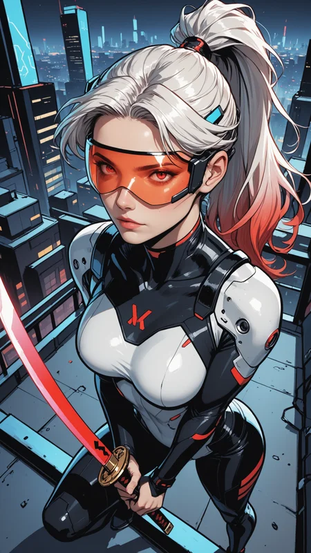 (masterpiece, best quality:1.2) absurdres, 8k, HDR, dynamic lighting , dynamic angle, detailed, depth of field, dynamic_lighting, 1 girl, high ponytail, white hair, gradient hair, long hair, red_eyes, face_focus, detailed_background, dramatic_angle, freckles, on rooftop, cyberpunk city, bodysuit, cyborg, (holding_katana:1.2), visor, hud screen, targeting system, <lora:commixmixL:0.75>