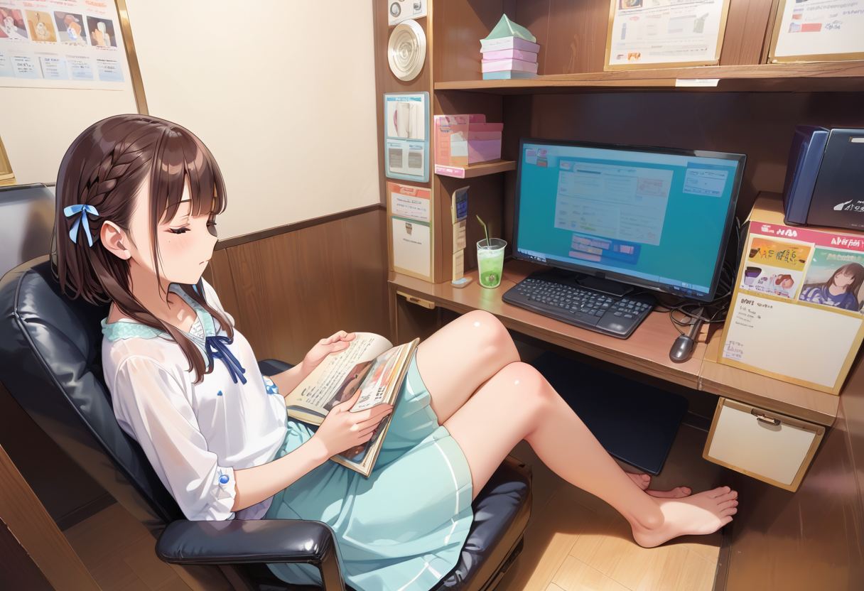 score_9, score_8_up, score_7_up, rating_safe, masterpiece, best quality, absurdres, unity 8k wallpaper, official art, official style, source_anime, uncensored, game cg, megami magazine,
necafe, scenery, 1girl, solo, brown hair, sitting, reading, indoors, chair, drinking straw, book, cup, computer, braid, drink, barefoot, short hair, crossed legs, skirt, desk, monitor
<lora:NetCafe_PONY_V1:1>