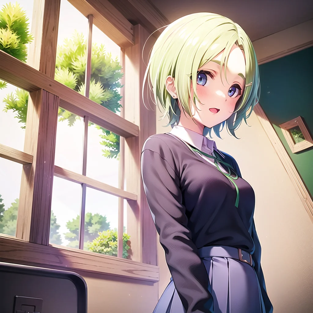 1girl, solo,(best quality),(masterpiece:1.1),(school uniform:1.4),green eyes, dress, looking_at_viewer, neck_ribbon, cute, clear facial skin,