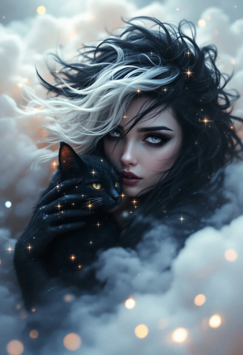 umbra-somber, nightmare-woman-black-whitehair-queen, cloudstrife-girl, graphic-adventure-cute, stuggle hugging a small wish-ruby, realistic intricately detailed photo, pastel-colors, dramatic ,, realistic, photogenic,, wide-angle lens, sharp-focus, motion-blur background, sparkle-glittering asymmetrical hair,
