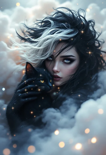 umbra-somber, nightmare-woman-black-whitehair-queen, cloudstrife-girl, graphic-adventure-cute, stuggle hugging a small wish-ruby, realistic intricately detailed photo, pastel-colors, dramatic ,, realistic, photogenic,, wide-angle lens, sharp-focus, motion-blur background, sparkle-glittering asymmetrical hair,