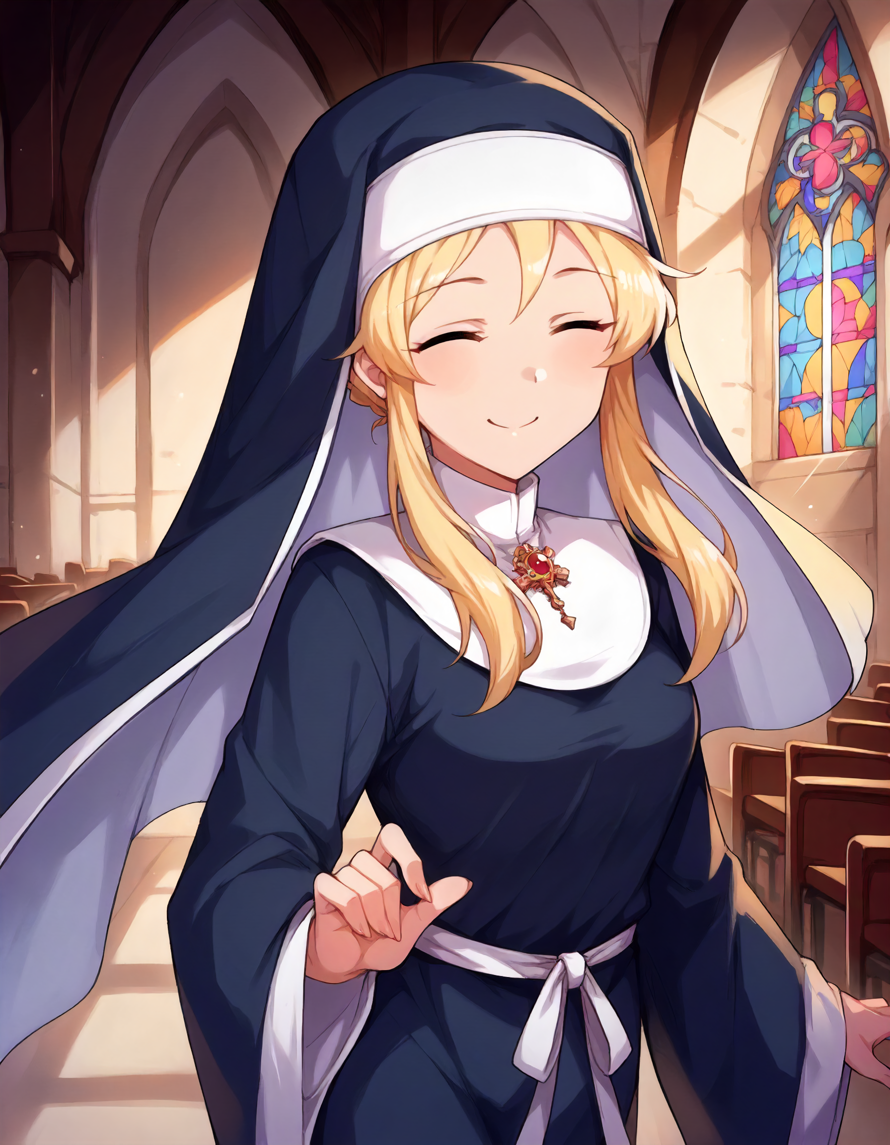 score_9,score_8_up,score_7_up,1girl,solo,cowboy shot,smile,looking at viewer,nun,church,
<lora:cinderellagirlsclarice_ponyXLV6:0.8>,cgclarice,
blonde hair,single hair bun,sidelocks,closed eyes,
robe