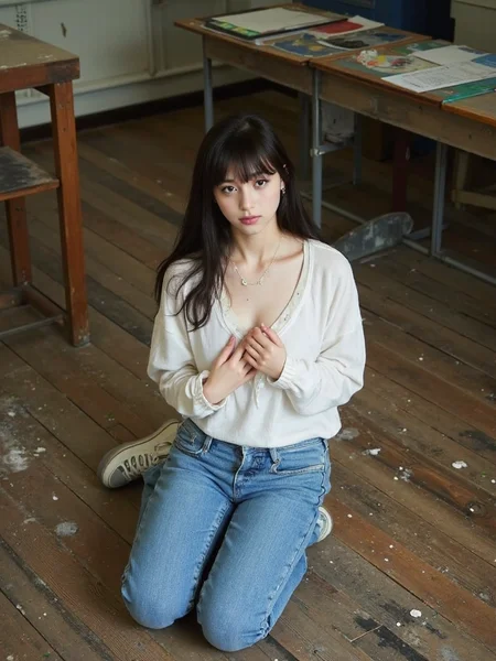 There are wonderful studio lights and various reflections,
18yo beautiful cute girl with blushing and female orgasm.skin naturally showing the texture of blood vessels and detailed pale skin,
--,
<lora:Nakajo_Ayami_f1:1>,she is Nakajo Ayami,
(Artist_smock:1.4),(Paint-splattered_jeans:1.3),(Canvas_sneakers:1.2), High angle shot of a dirty woman kneeling on the wooden floor of an abandoned classroom,covering her chest with her hands as if to protect her body,On the contrary, it presses the breasts to create a deep cleavage, which is very erotic,looking at the camera with a pleading expression on her face,The floor was covered with water and damage,as if they had just experienced a disaster.,, #æå®¤è·ªå°æ¿