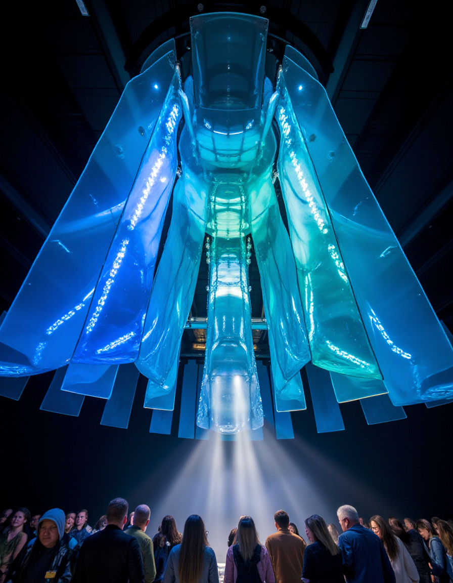 A towering installation of translucent resin panels arranged like a cascading waterfall. Hidden motors shift the panels in a subtle, undulating rhythm, mimicking the flow of water. Embedded LED strips pulse with a gradient of deep blue, turquoise, and white, casting soft reflections onto the floor. A soft mist emitter at the base creates an ethereal glow as light refracts through the water droplets. The crowd gathers in awe as shimmering reflections ripple on their faces, evoking the sensation of standing beneath a real waterfall.
<lora:ral-kntcscptr-flux:1>