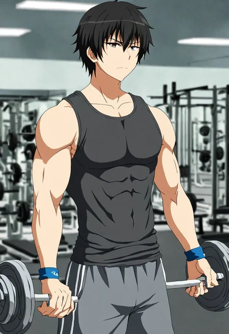 high resolution, solo, best quality, 1Boy, Kanie Seiya, Black Hair, Gym, tank top, shorts, exercise, sixpack, OverallDetail