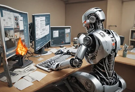 score_9, score_8, score_7, CyberRealistic_Negative, server room, server room on fire, Humanoid Robot sitting at a desk, robot looking at paper, robot looking at paper in hand, robot facing the camera, dutch angle, server bank on fire, server bank is sparking, computer is on fire, computer is smoking, blue screen of death, red ring of death, everything is burning, everything is on fire, c0mp, sitting, indoors, chair, computer, monitor, desk, keyboard (computer), robot screaming at the computer, shouting at computer, angry