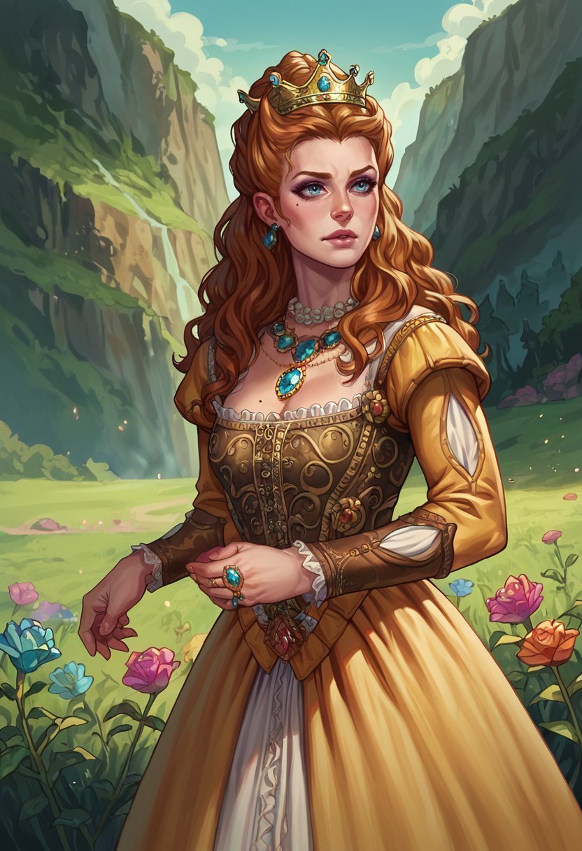 score_9, score_8_up, score_7_up, score_6_up, lilboots-dh BREAK, anhnritta, long hair, wavy hair, crown, earrings, dress, necklace, gem, ring <lora:Artist_Style_-_LilBoots_PDXL:0.8> <lora:Anna HenriettaPonyLoRA:0.7>