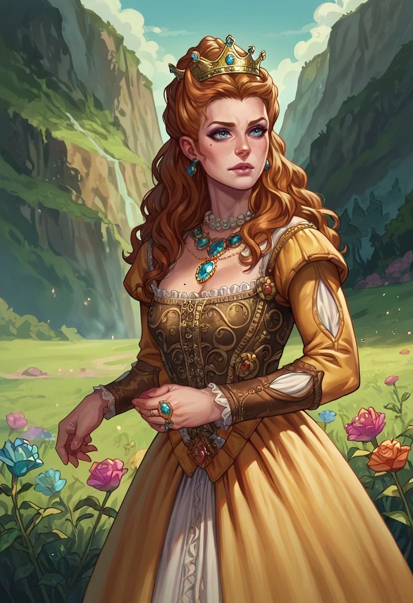 score_9, score_8_up, score_7_up, score_6_up, lilboots-dh BREAK, anhnritta, long hair, wavy hair, crown, earrings, dress, necklace, gem, ring <lora:Artist_Style_-_LilBoots_PDXL:0.8> <lora:Anna HenriettaPonyLoRA:0.7>