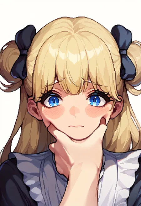 score_9, score_8_up, score_7_up, 1girl, solo, emilico, blonde hair, hair buns, blue eyes, blush, maid outfit, povcheekgrabbing, solo focus, hand on another's face, looking at viewer, Pixel_Art