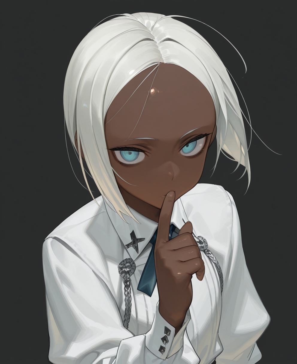 <lora:amrkdrw:1> amrkdrw,
(masterpiece), (best quality), (ultra-detailed), amazing quality, very aesthetic, illustration, perfect composition, intricate details, absurdres, incredibly absurdres, shiny skin, realistic,
 amrkdrw, solo, simple background, dark skin, looking at viewer, finger, black background, 1girl, white hair, shirt, long sleeves, blue eyes, upper body, general