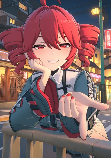 newest, masterpiece, best quality, <lora:zzz_v-000018:0.8>, (3d:0.8), simple background, blurry background, very aesthetic, mixed media, photo background, very awa, perfect composition
BREAK
outdoors, street, road, night, neon, shade, power lines,lamppost, building, windows, fence, city lights, traditional japanese architecture, modern_architecture, showa era, storefront, paper lantern, neon_sign, sidewalk, on railing, hand focus,
BREAK
1girl, , zenless zone zero, kasane teto, red eyes, solo, looking at viewer, grin, half-closed eyes, detailed eyes, foreshortening, arm_rest, pointing at viewer, close-up,