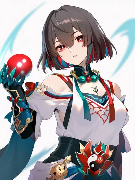 masterpiece, best quality, very aesthetic, highres, absurdres,(miurahha, bacius, ririko \(fhnngririko\):0.4),<lora:star_rail_all-000014:1>ï¼1girl, bagua, bare shoulders, black hair, breasts, colored inner hair, gauntlets, hair between eyes, looking at viewer, medium hair, orb, parted lips, shoulder strap, solo, trigram, white background, xueyi (honkai: star rail), yin yang print
