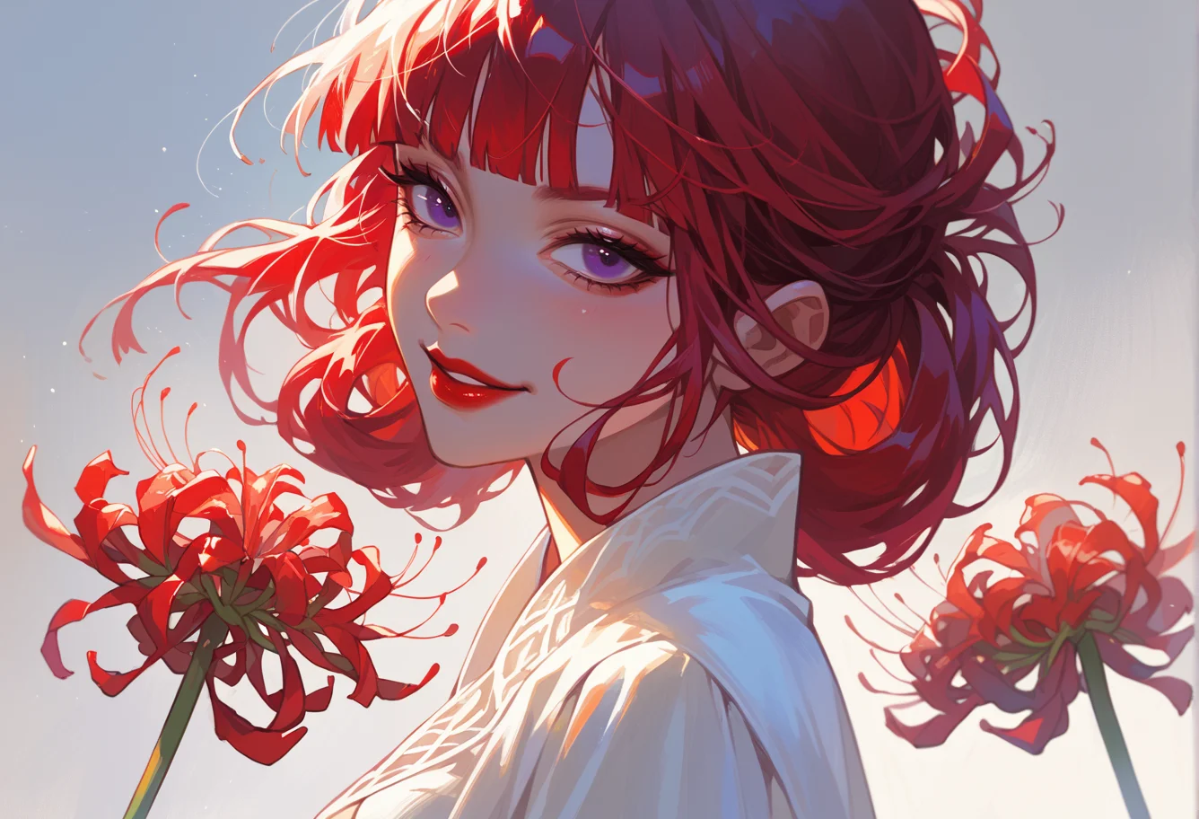 score_9, score_7_up, source_anime, BREAK <lora:Spiderlily:0.8> spider lily,
, solo, seductive smile, red lips,
1girl, purple eyes, red hair, blunt bangs, medium breasts, low hair rings,