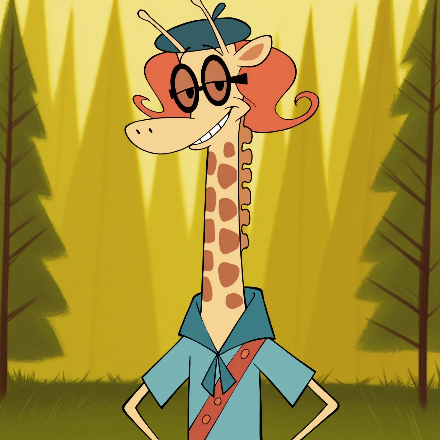8k, uncensored, masterpiece, best quality, highly detailed, realistic, 1girl, solo, NinaCL, furry, anthro, female furry, giraffe, orange hair, black glasses, brown lens, black eyes, black eyebrows, thin eyebrows, yellow body, brown spots, skinny arms,  smile, teeth, closed mouth, dark-blue beret, blue topwear, scout outfit, (looking at viewer, standing, grass, forest, trees, front view, detailed background, flat chested, close-up, upper body, narrowed eyes, brown inner ear