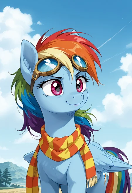 score_9, score_8_up, score_7_up, anime screencap, BREAK, my little pony Rainbow Dash, a blue pegasus with purple eyes and rainbow mane and tail, source_feral, aviator goggles, outdoors, daylight sky, cloudy, scarf on neck, source_anime, retro anime style