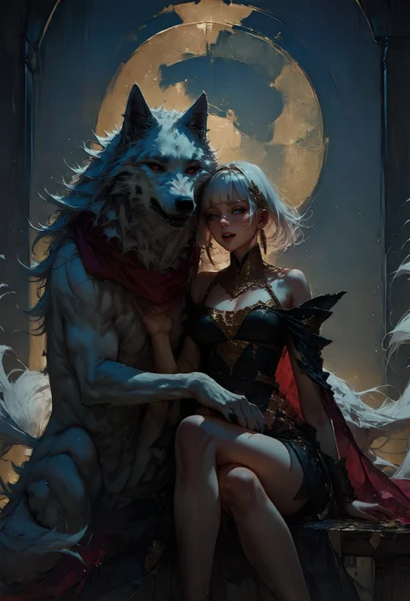 score_9, score_8_up, score_7_up, 1girl, short hair, white hair, hime cut, princess, red scarf, white wolf, gold <lora:pony/twilight_style:0.8> <lora:pony/expressiveh:0.8> expressiveh <lora:pony/vixon_gold:0.65> g0ldl34f <lora:sdxl/sinfully_stylish_sdxl>