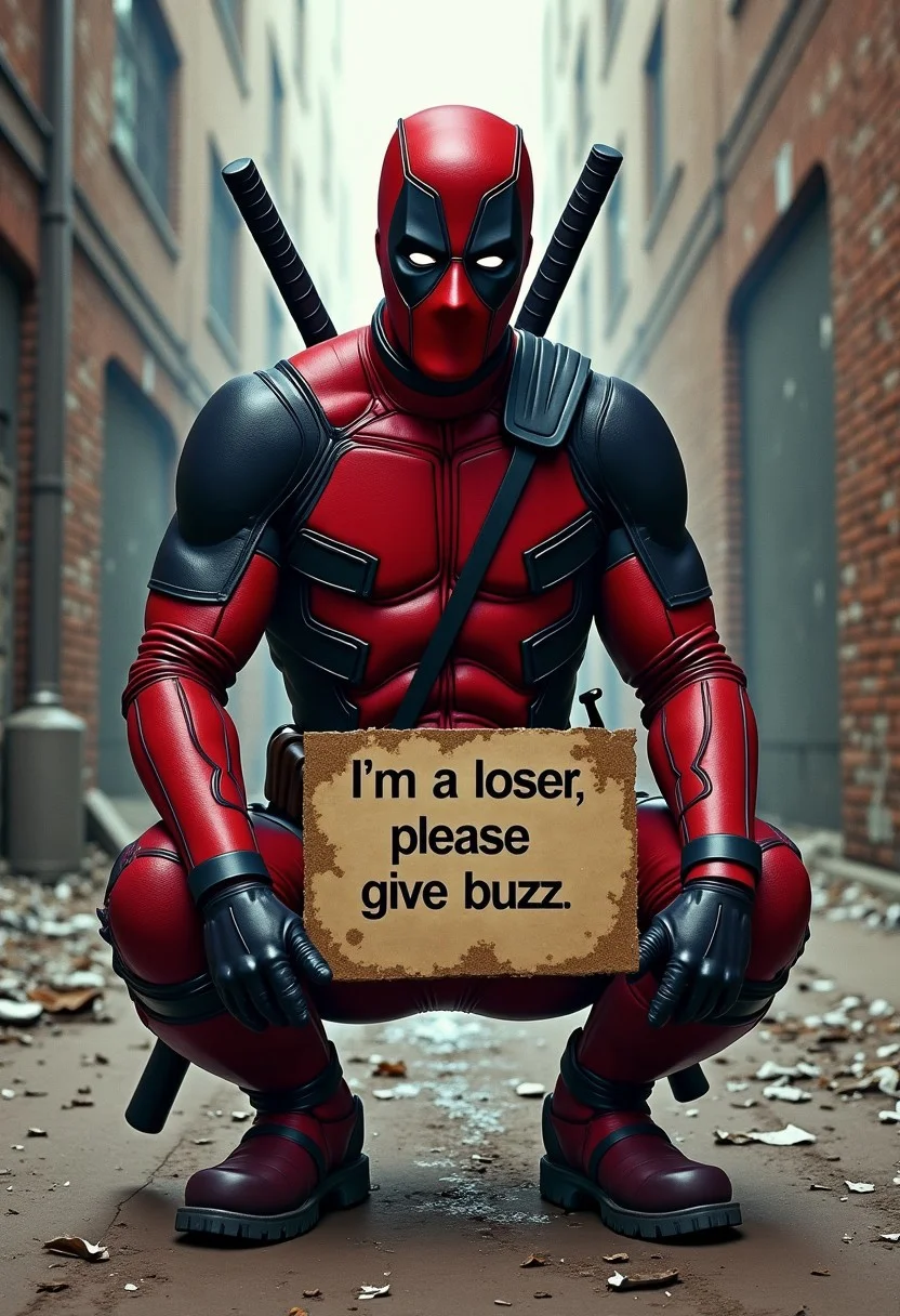 make a homeless Deadpool begging, with a sign that says"I'm a loser, please give buzz", Deadpool's emotional struggle in a decaying urban landscape, with bold brushstrokes and muted colors evoking a sense of melancholy and desperation reminiscent of gritty realism and cinematic portraiture, highly detailed, flawless