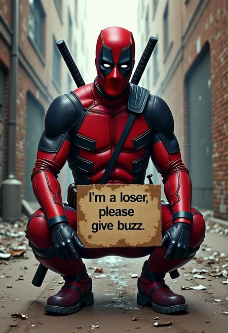 make a homeless Deadpool begging, with a sign that says"I'm a loser, please give buzz", Deadpool's emotional struggle in a decaying urban landscape, with bold brushstrokes and muted colors evoking a sense of melancholy and desperation reminiscent of gritty realism and cinematic portraiture, highly detailed, flawless