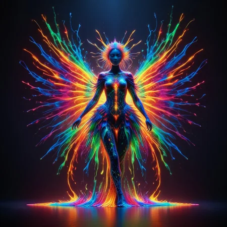 a full body fire entity with multicolored flames, professional photography of an fantastical warrior princess entirely made of cyberflies with whimsical elements, swirling magic, eerie fairytale landscape, elaborate fantasy style art, very colorful, intricate details, ultra sharp, exquisite detail, flawless composition, vivid colors, masterpiece, exciting background, TAS, TASvisuals, Psychedelic , Rave, Elaborate , Blacklight , Vibrant , cyberflies, black light paint, blp, Colorful Chaos Cracks and Drops, mad-glowtiedye, made out of,colorful,liquid,Murano Art Glass