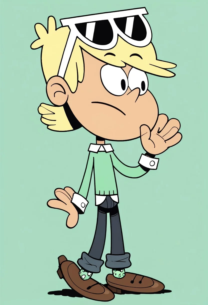 (score_9 | score_8_up | score_7_up) ((masterpiece:1))(best quality,very high quality,ultra detailed:1.2) (2D,cartoon style,anime style)(Smooth:2)(clean blurring) (four fingers on each hand,one thumb on each hand:1), Loni loud, solo, 1boy, Blonde hair, short Blonde hair, light Green silk sweater with a white long-sleeved shirt underneath, dark blue jeans, sunglasses, light Green socks with white spots, Brown dress shoes