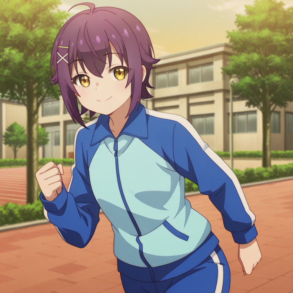 nsfw, masterpiece, best quality, 1girl, solo,  the_dreaming_boy_is_a_realist_kei_ashida, running, hair ornament, x hair ornament, track jacket, short hair, smile, jacket, yellow eyes, ahoge, purple hair, closed mouth, hairclip, outdoor, school, <lora:Kei_Ashida_-_The_Dreaming_Boy_Is_a_Realist:0.7>