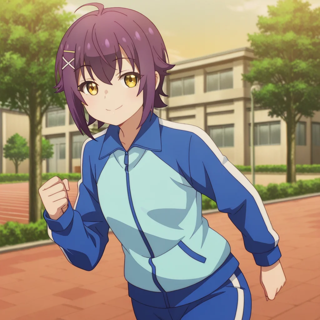 nsfw, masterpiece, best quality, 1girl, solo, the_dreaming_boy_is_a_realist_kei_ashida, running, hair ornament, x hair ornament, track jacket, short hair, smile, jacket, yellow eyes, ahoge, purple hair, closed mouth, hairclip, outdoor, school, <lora:Kei_Ashida_-_The_Dreaming_Boy_Is_a_Realist:0.7>