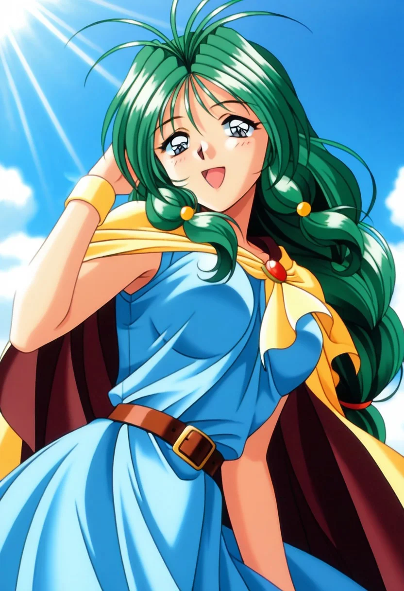 masterpiece, best quality, amazing quality, very aesthetic, high resolution, 1girl, cowboy shot, anime-style, digital art, high resolution, cute girl, smiling, sunlight, bright, clear sky, blue sky, clouds, daytime, outdoor, wind blowing her hair, dynamic pose, cheerful mood, light reflections, detailed background, high quality, beautiful, attractive, light rays, bright lighting, sky, joyful, happy, energetic, bright atmosphere, detailed shading, anime aesthetics, vibrant, lively, braid, jewelry, belt, cape, blue dress, wristband, retro artstyle, 1990s \(style\),
clairemm, blue eyes, green hair, antenna hair, long hair, low-tied long hair, hair bobbles, medium breasts, mature female,