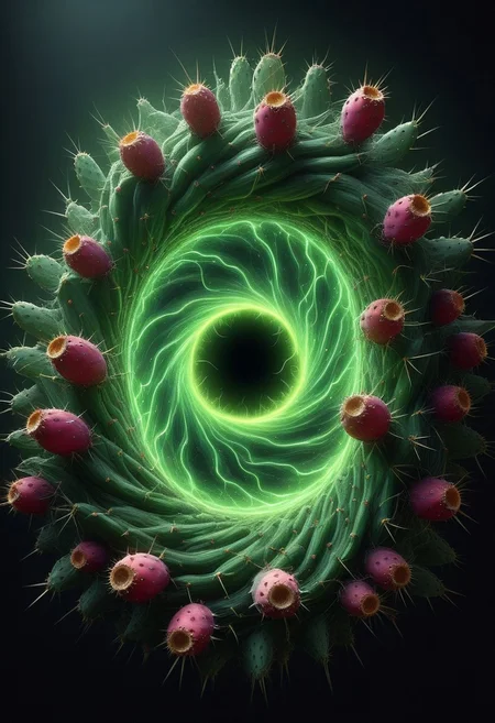 masterpiece, best quality, amazing quality, detailed background, 4k, masterpiece, best quality, highly detailed, realistic, blender 8k, detailed render, cgi, detailed drawing,
Halo shaped portal of swirling energy, spiky, prickly, black hole, wizard casting a sell, Prickly Pear Style
Dark brooding background, dark background, deep shadows,