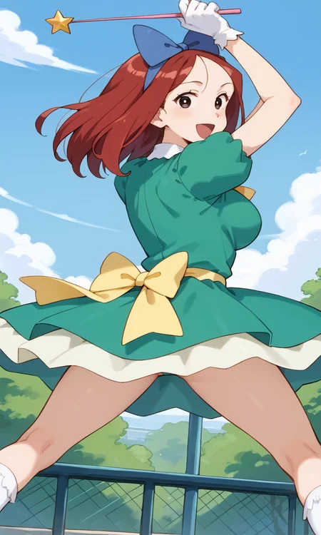(1girl:1.5), (solo:1.3), (score_9, score_8_up, score_7_up, score_6_up, score_5_up, score_4_up), (source_anime), rating_questionable, looking at viewer, (cowboy shot:1.3), outdoors, blue sky, school,
(shiwasu-mari), (black eyes, red hair, medium hair, parted bangs, parody hair), (large breasts), (smile, happy, open mouth, wide mouth), <lora:magical-mari-late_v1:0.9> (blue big hair bow, green dress, princess tutu, puffy short sleeves, yellow bowtie, white gloves, white bobby socks, blue footwear, mary janes), (holding wand), arms up, legs apart, (looking at viewer, looking back, from behind:1.5)
