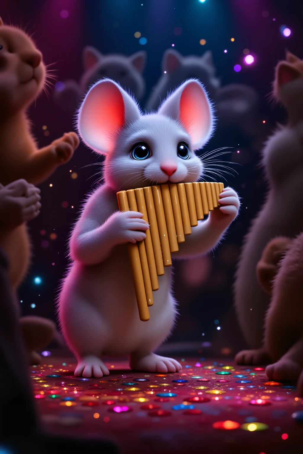 a mouse on stage in a big club playing a panflute for the audience of cats , detailed background Fantastic lighting. Detailed shadows.intricate details, vivid colors, hyper-detailed, ultra-sharp, <lora:PANFLUTE_FLUX>, <lora:aidmaImageUpgrader-FLUX-V0.2:0.5><lora:PinkieFluxProUltraFantasia><lora:FluxDFaeTasticDetails:0.7>