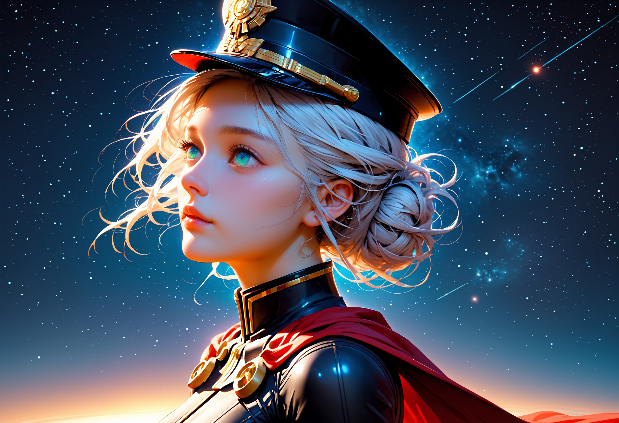 ASCII, photorealistic, OLED, score_9, score_8_up, score_7_up, score_6_up, 1girl, extremely detailed photo of a beautiful woman, nordish woman, 25 yo, round face, cheekbones, wide chin, wide lower jaw, small_nose, small eyebrows, small eyes, turquoise eyes, white hair, strands of hair falling over the face, hair tied into a bun at the back, black military cap, black tight-fitting military jacket with gold buttons, black leggings, red cape with gold fringed shoulder pads, in the galaxy, in front of a planet and the cosmos, side view, slying in the galaxy, raise her arms, dark blue sky, <lora:Expressive_H:0.5> ExpressiveH,<lora:Sinozick_Style_XL_Pony:0.2>, sinozick style, everything is shrouded in white mist, starsky background by jed-cosmos style, dark blue star sky by night, giant grey planet in background behind woman <lora:Jed-Cosmos-sdxl:0.4> Jed-Cosmos, full body