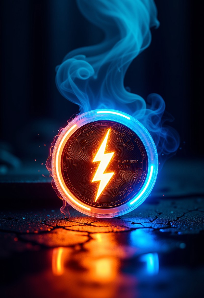A coin in the center, a lightning emoji in the center of the coin, a dark atmosphere around, the ring is two colors bright orange and bright blue, the coin is emitting light underneath in the two colors, the ground is wet. stylish Text above "What am i?"