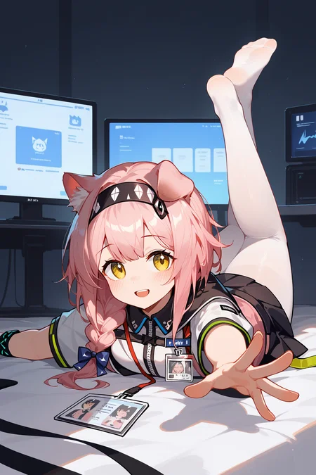 (score_9,score_8_up,score_7_up),<lora:Goldenglow(Arknights)-v1-000006:0.4>,goldenglow (arknights),1girl,solo,animal ears,cat ears,on stomach,braid,looking at viewer,tail,lying,cat tail,shirt,white shirt,hairband,blue bow,pink hair,jacket,cat girl,no shoes,bow,black hairband,long hair,hair bow,white pantyhose,pantyhose,blush,feet up,skirt,id card,parted lips,black skirt,yellow eyes,smile,single braid,full body,bangs,open mouth,legs up,short sleeves,outstretched hand,infection monitor (arknights),open jacket,outstretched arm,
good feet,anime,NSFW,expressive,amazing quality,ultra hd 32k,