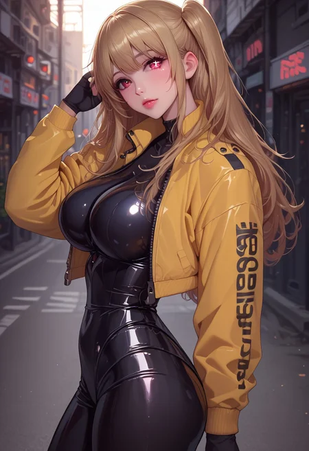 (((beautiful facel, young face, ))), score_6_up, score_5_up, score_4_up, 1girl, (score_9, score_8_up:1.1), 4k, highres, high quality anime, 1 girl, solo, hoshino ruby, blonde hair, long hair, one side up, red eyes, mismatched pupils, star-shaped pupils, large breasts, young lady, seductive face, detailed face, pale color skin, detailed skin, ((curvy, hourglass body, sk997cos_bodysuit, sk01 jacket, yellow jacket,fingerless gloves)), dynamic lighting, volumetric lighting, shiny skin, sunshine, ((standing, head tilt, side view, full body, thigh gap, city, dynamic pose)), (((depth of field))), detailed anime masterpiece, intricate design, smooth skin, highly detailed,