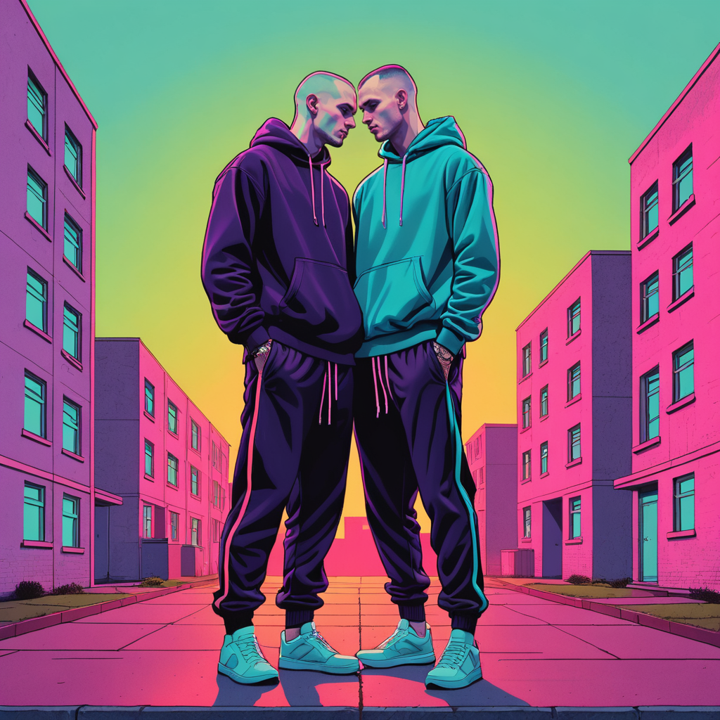 homoerotic illustration, solid dark silhouettes of a pair of youngish English male chav skinheads in trackies sharing a romantic moment on a brutalist council estate against a pastel background, vibrant neon colours, high quality, homoerotic